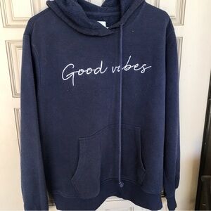 Good Vibes Hoody Kangaroo Pocket Navy SzL Drawstring Pullover Banded Cuffs/Hem